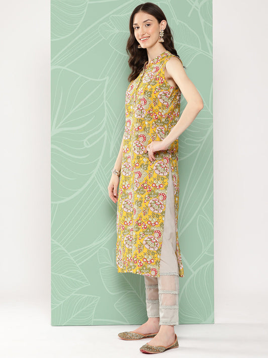 Janasya Women's Yellow Cotton Floral Printed Casual Straight Kurta | Swadesiicart