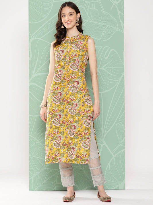 Janasya Women's Yellow Cotton Floral Printed Casual Straight Kurta | Swadesiicart