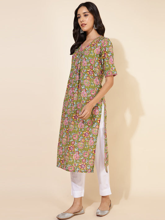 Janasya Green Cotton Floral Printed Casual Kurta | Swadesiicart