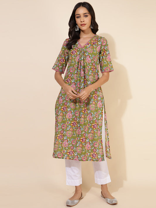 Janasya Green Cotton Floral Printed Casual Kurta | Swadesiicart