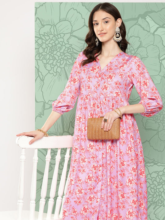 Janasya Women's Lavender Moss Digital Floral Printed Casual Gathered Kurta | Swadesiicart