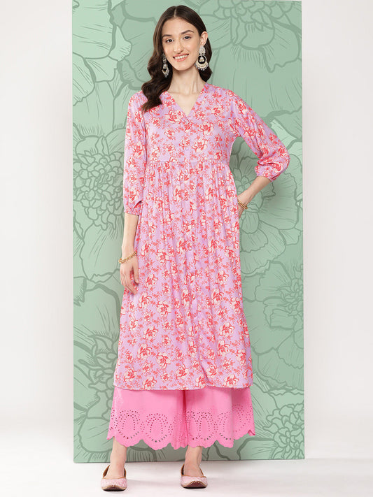 Janasya Women's Lavender Moss Digital Floral Printed Casual Gathered Kurta | Swadesiicart