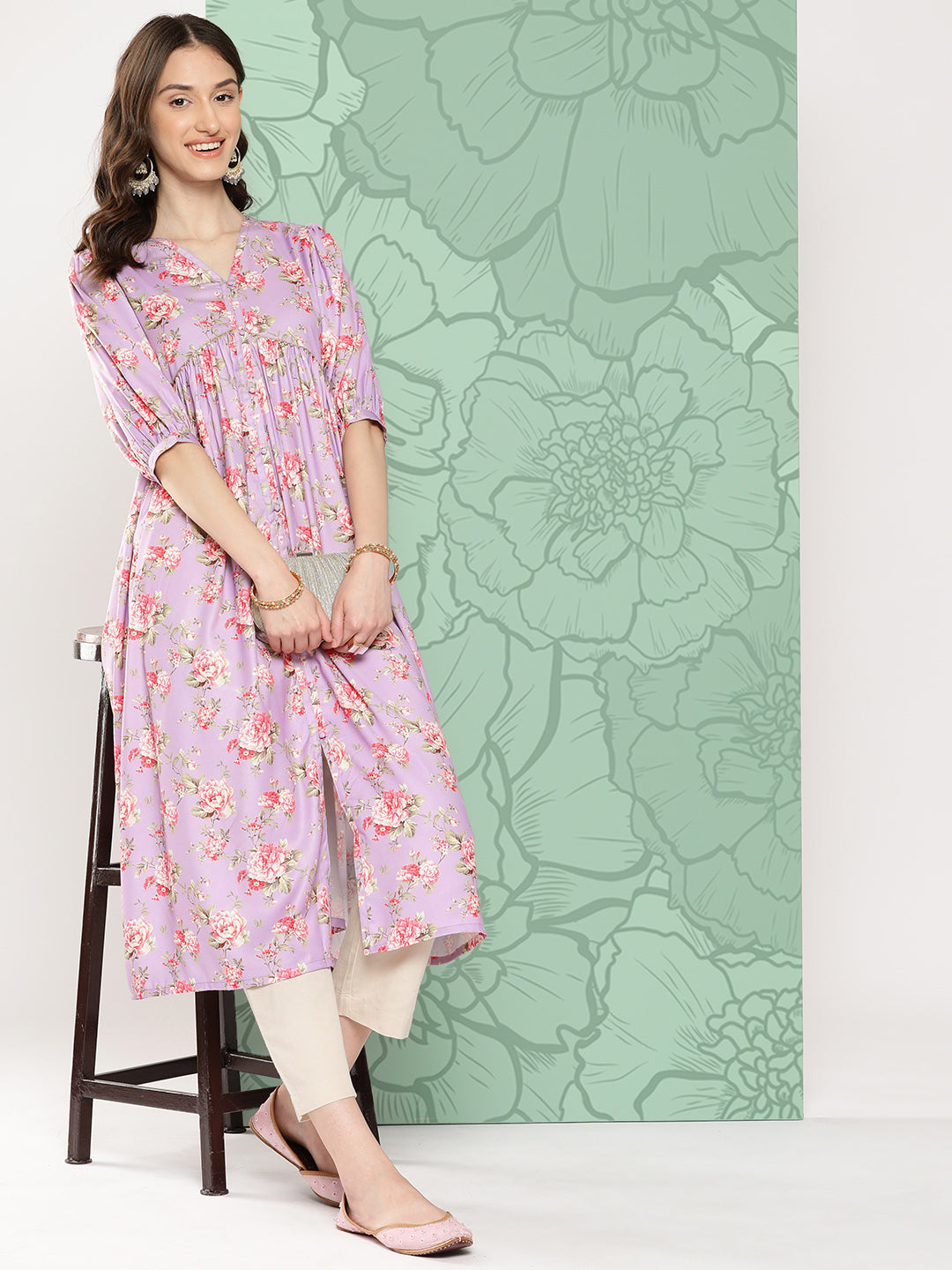 Janasya Women's Lavender Moss Digital Floral Printed Festive Flared Kurta | Swadesiicart