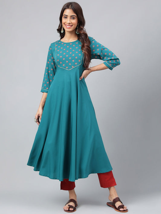 Janasya Women's Dark Green Crepe Foil Printed Festive A-Line Kurta | Swadesiicart
