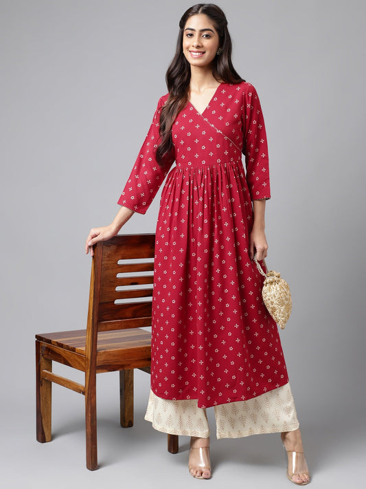 Janasya Women's Maroon Crepe Bandhani Printed Casual Flared Kurta | Swadesiicart