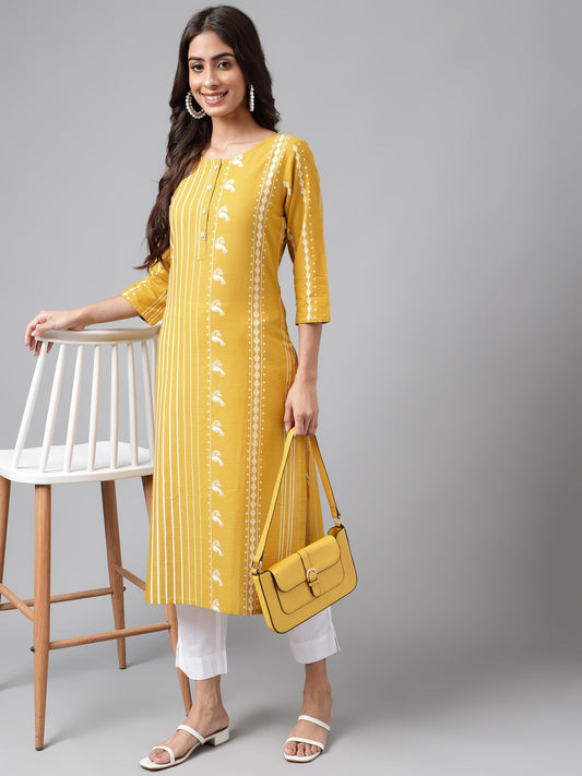 Janasya Women's Yellow Cotton Ethnic Motif Printed Casual Straight Kurta | Swadesiicart