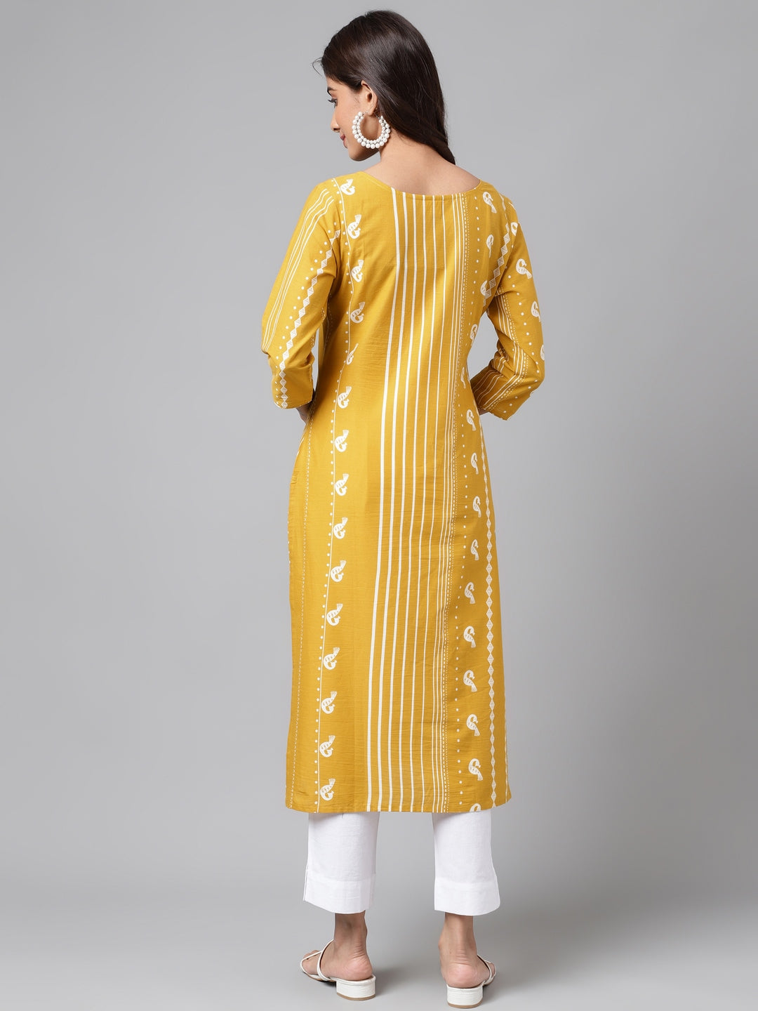 Janasya Women's Yellow Cotton Ethnic Motif Printed Casual Straight Kurta | Swadesiicart