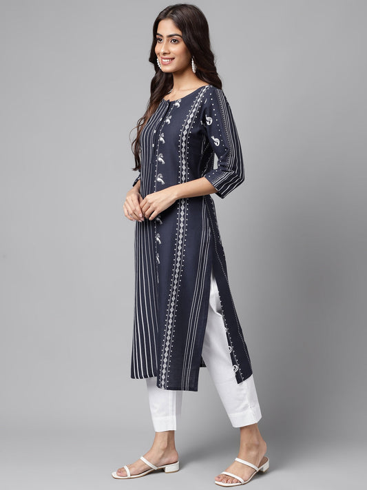 Janasya Women's Navy Blue Cotton Ethnic Motif Printed Casual Straight Kurta | Swadesiicart