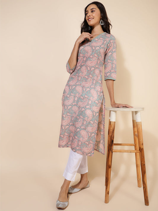 Janasya Sage Green Cotton Paisley Printed Casual Kurta | Swadesiicart