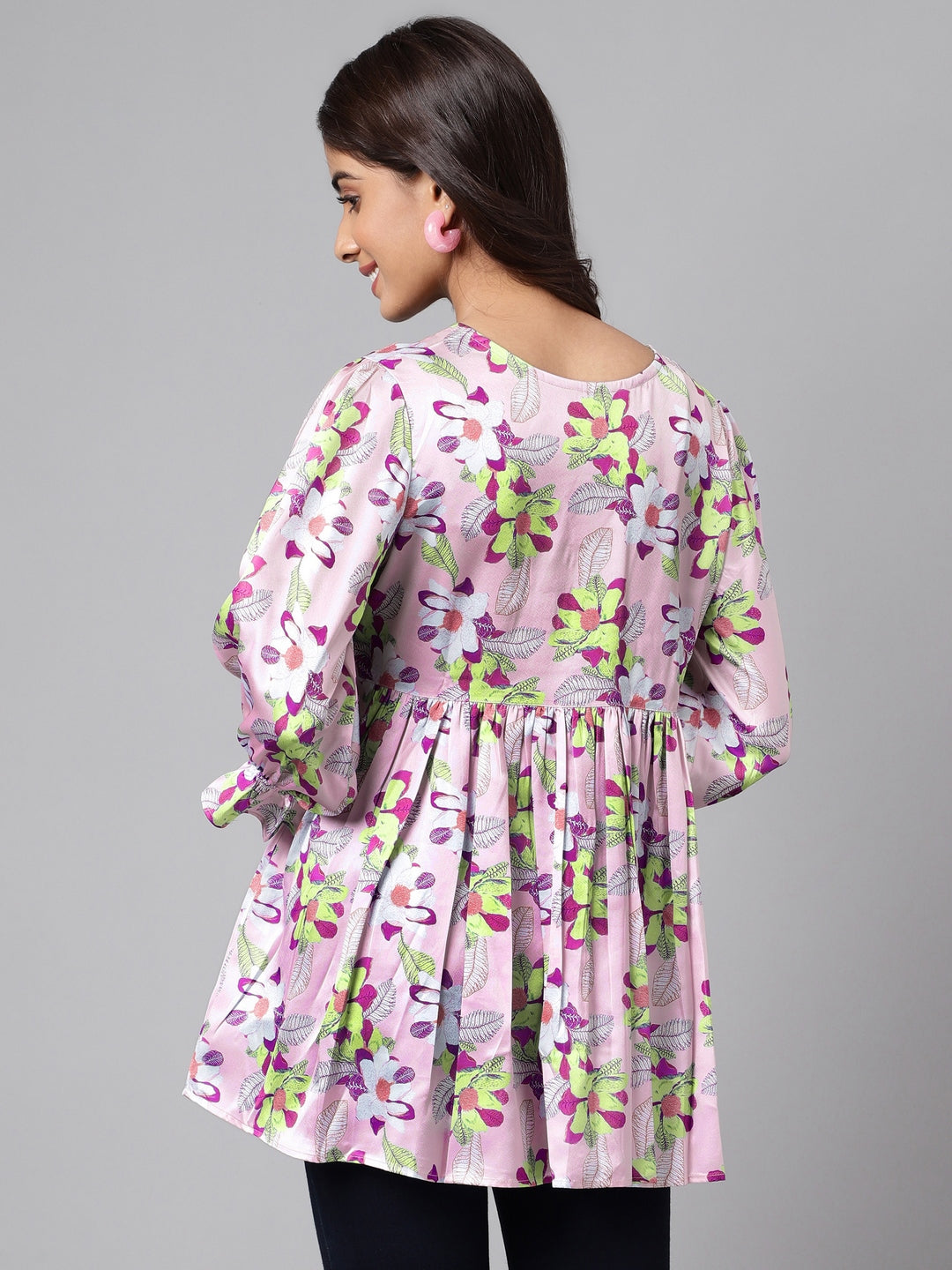 Janasya Women's Orange Satin Digital Floral Printed Casual Peplum Top | Swadesiicart