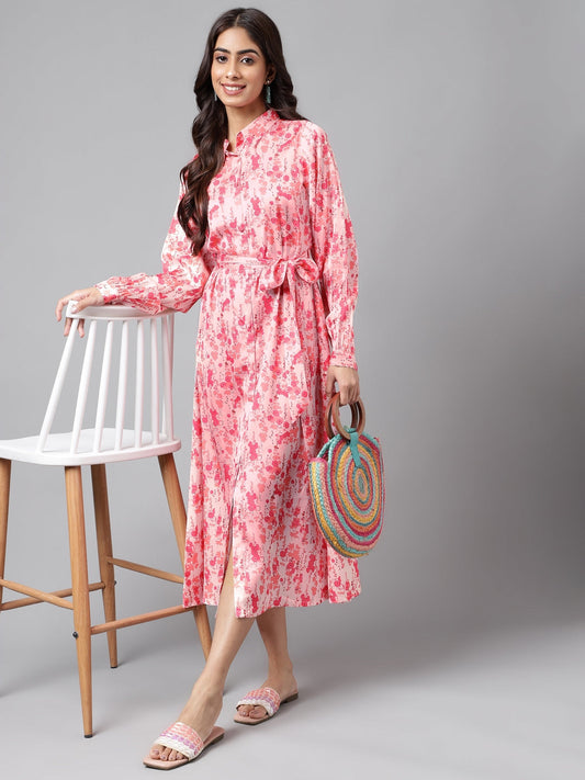 Janasya Women's Peach Satin Digital Floral Printed A-line Casual Dress | Swadesiicart