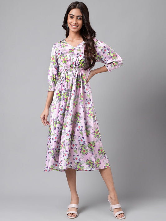 Janasya Women's Lavender Satin Digital Floral Printed A-line Casual Dress | Swadesiicart
