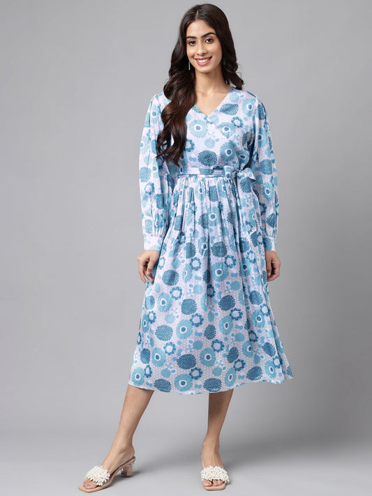 Janasya Women's Grey Satin Digital Floral Printed Flared Casual Dress | Swadesiicart