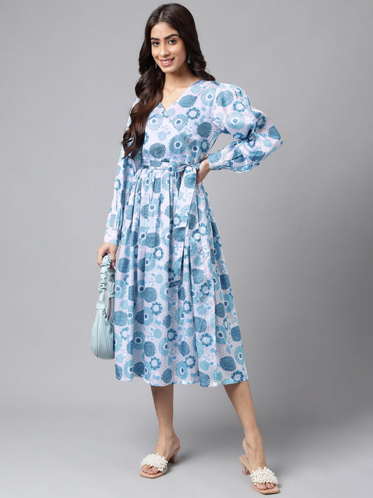 Janasya Women's Grey Satin Digital Floral Printed Flared Casual Dress | Swadesiicart
