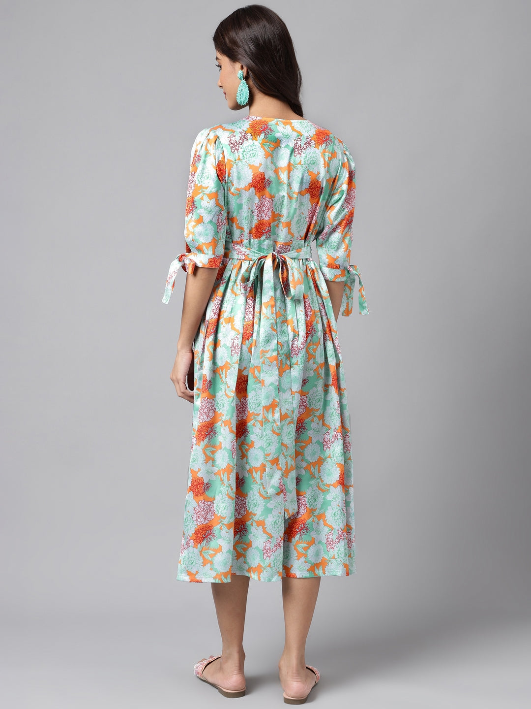 Janasya Women's Orange Satin Digital Floral Printed Flared Casual Dress | Swadesiicart
