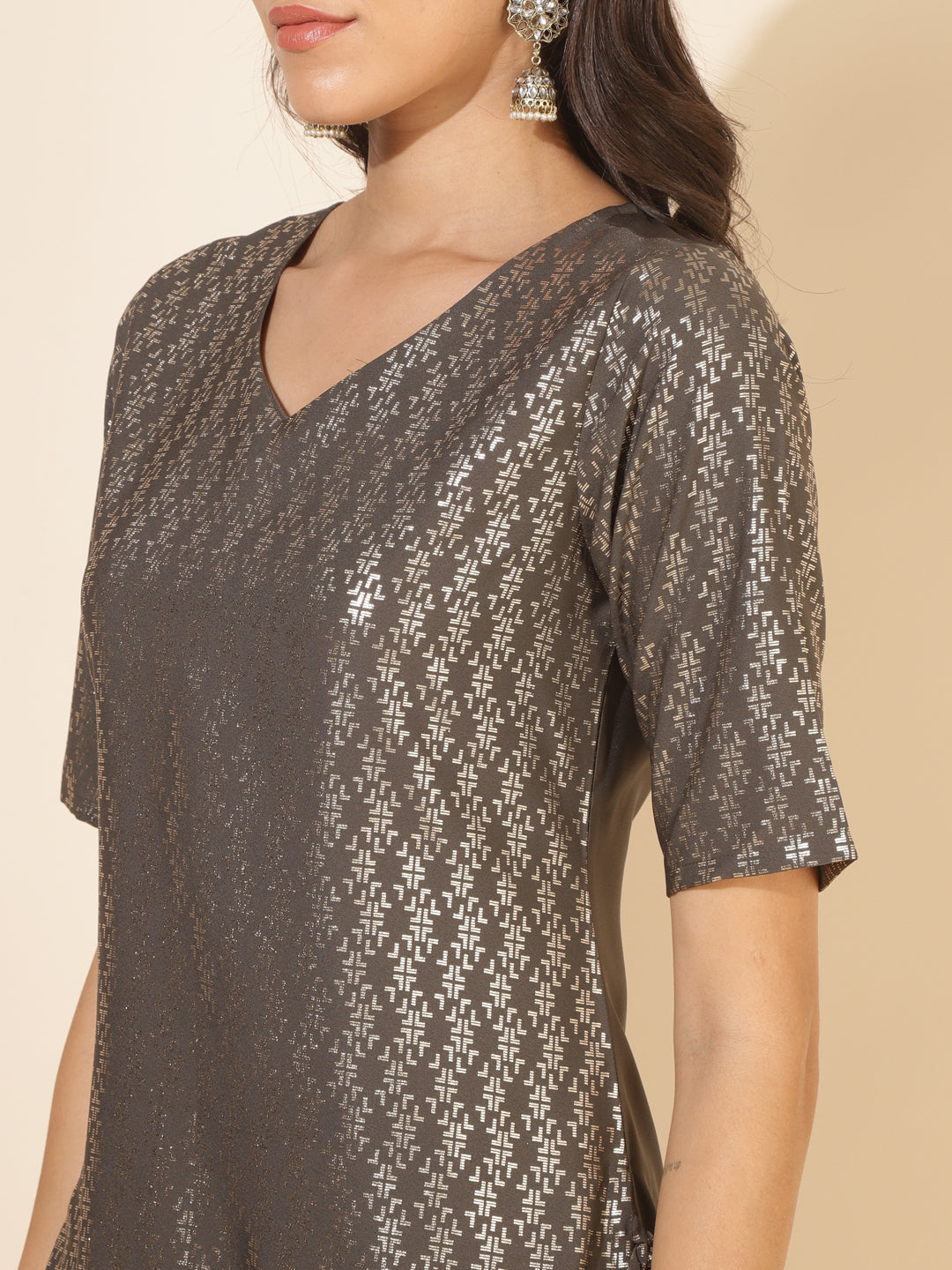Janasya Grey Crepe Foil Printed Festive Kurta - Swadesiicart
