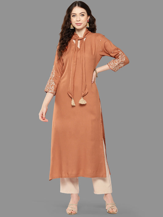 Janasya Peach Rayon Solid Straight Kurta | Swadesiicart