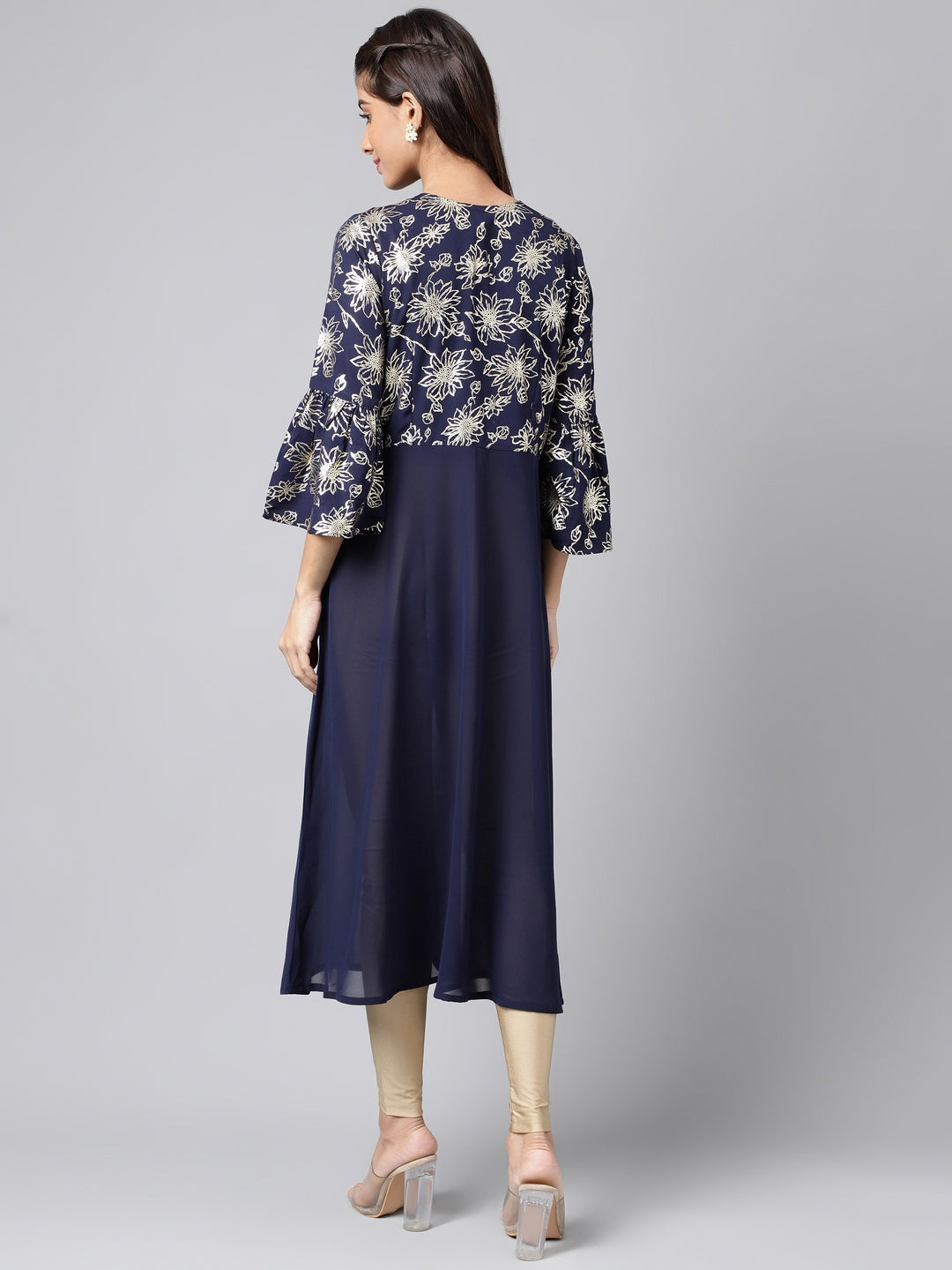 Janasya Women's Navy Blue Georgette Foil Printed Festive A-Line Kurta | Swadesiicart