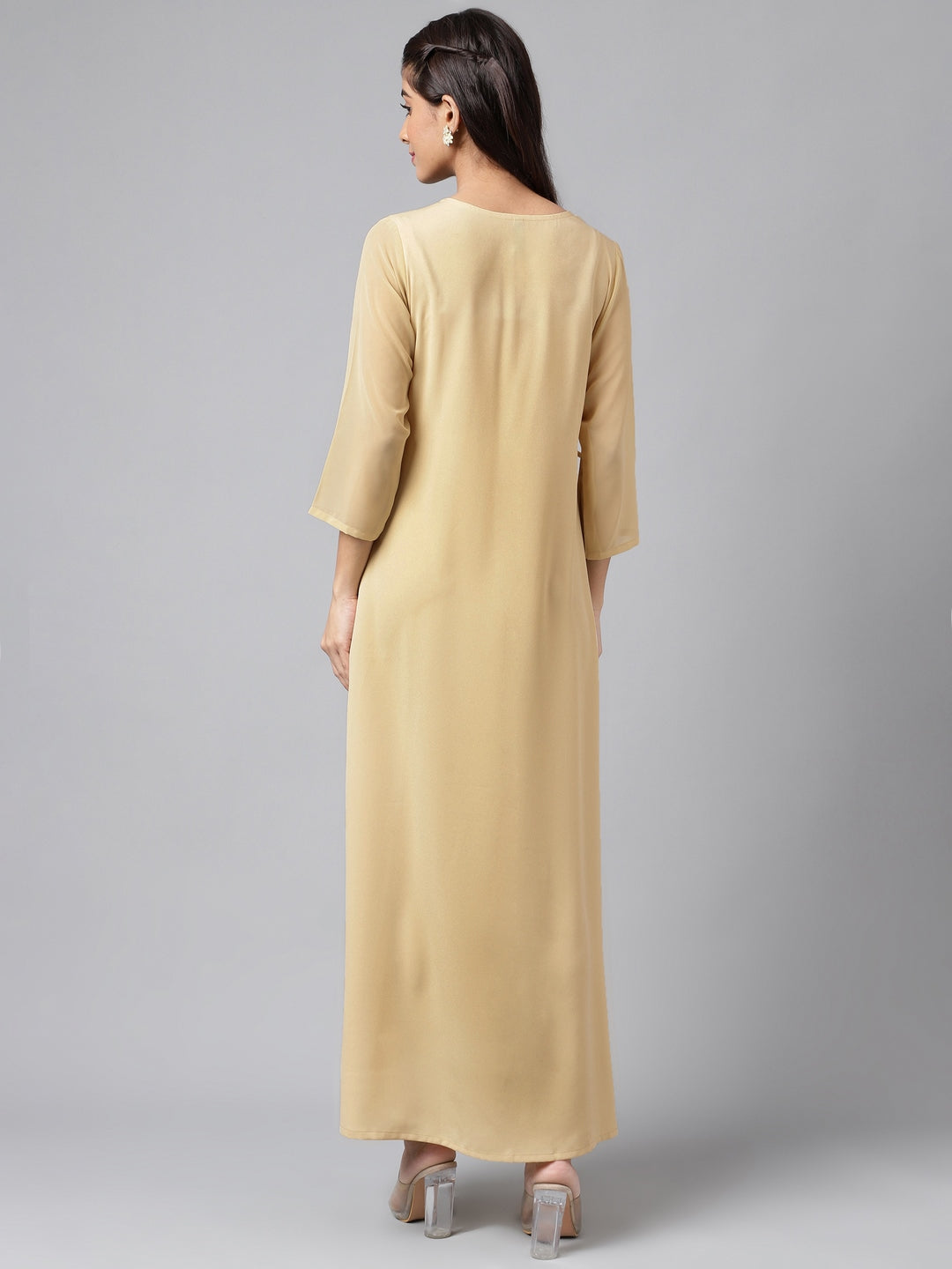 Janasya Women's Beige Crepe Embellished Festive A-Line Kurta | Swadesiicart