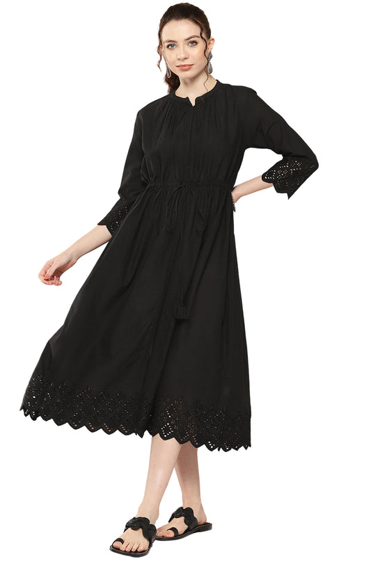Janasya Black Cotton Solid Flared Casual Dress | Swadesiicart