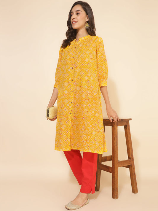 Janasya Yellow Cotton Bandhani Printed Casual Kurta - Swadesiicart