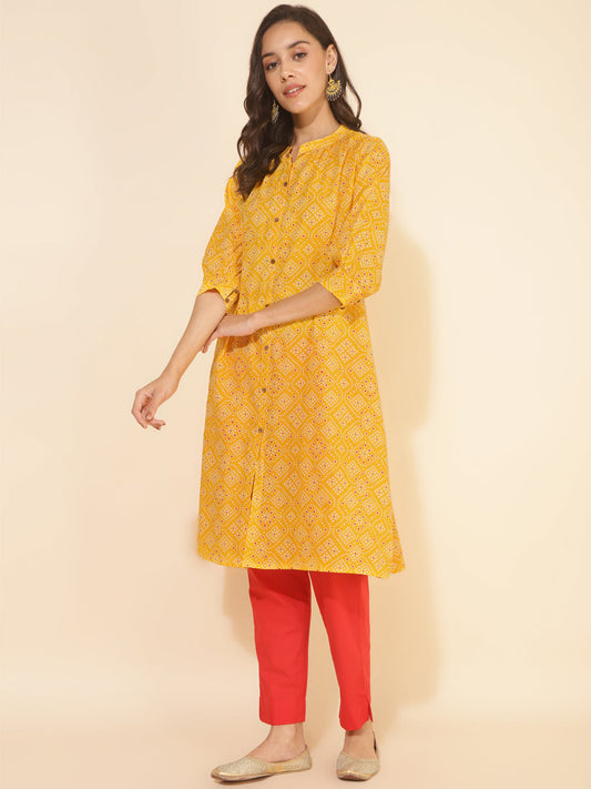 Janasya Yellow Cotton Bandhani Printed Casual Kurta - Swadesiicart