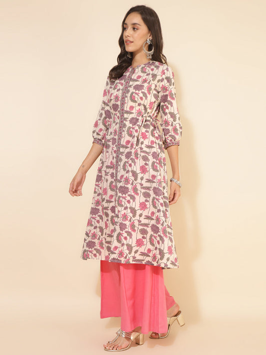 Janasya Beige Cotton Floral Printed Casual Kurta | Swadesiicart
