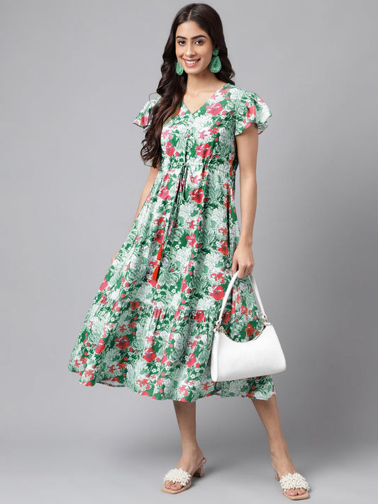 Janasya Green Moss Digital Floral Printed A-line Casual Dress | Swadesiicart