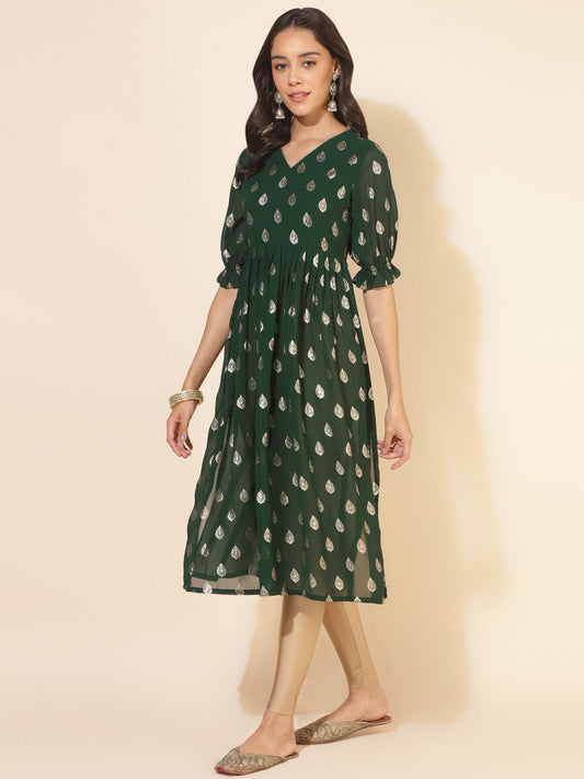Janasya Bottle Green Georgette Foil Printed Festive Kurta | Swadesiicart