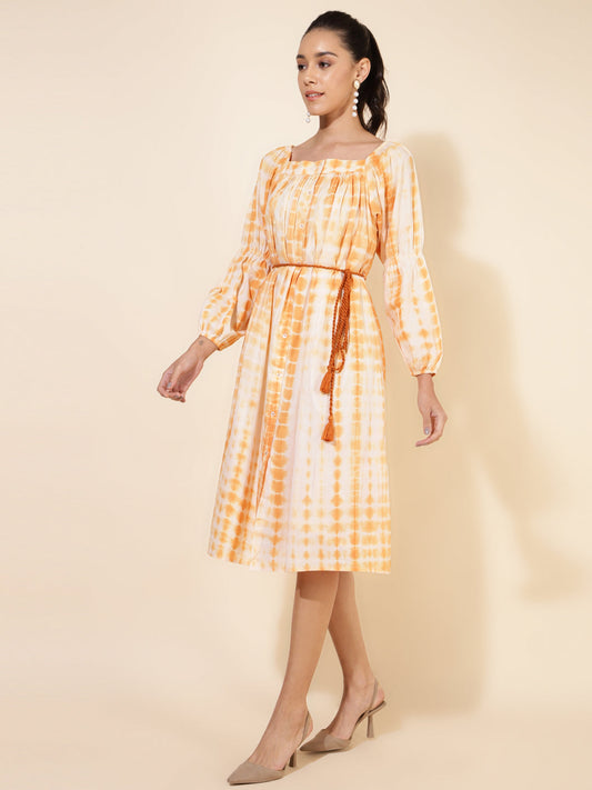 Janasya Women's Off White Cotton Tie Dye Casual Dress | Swadesiicart