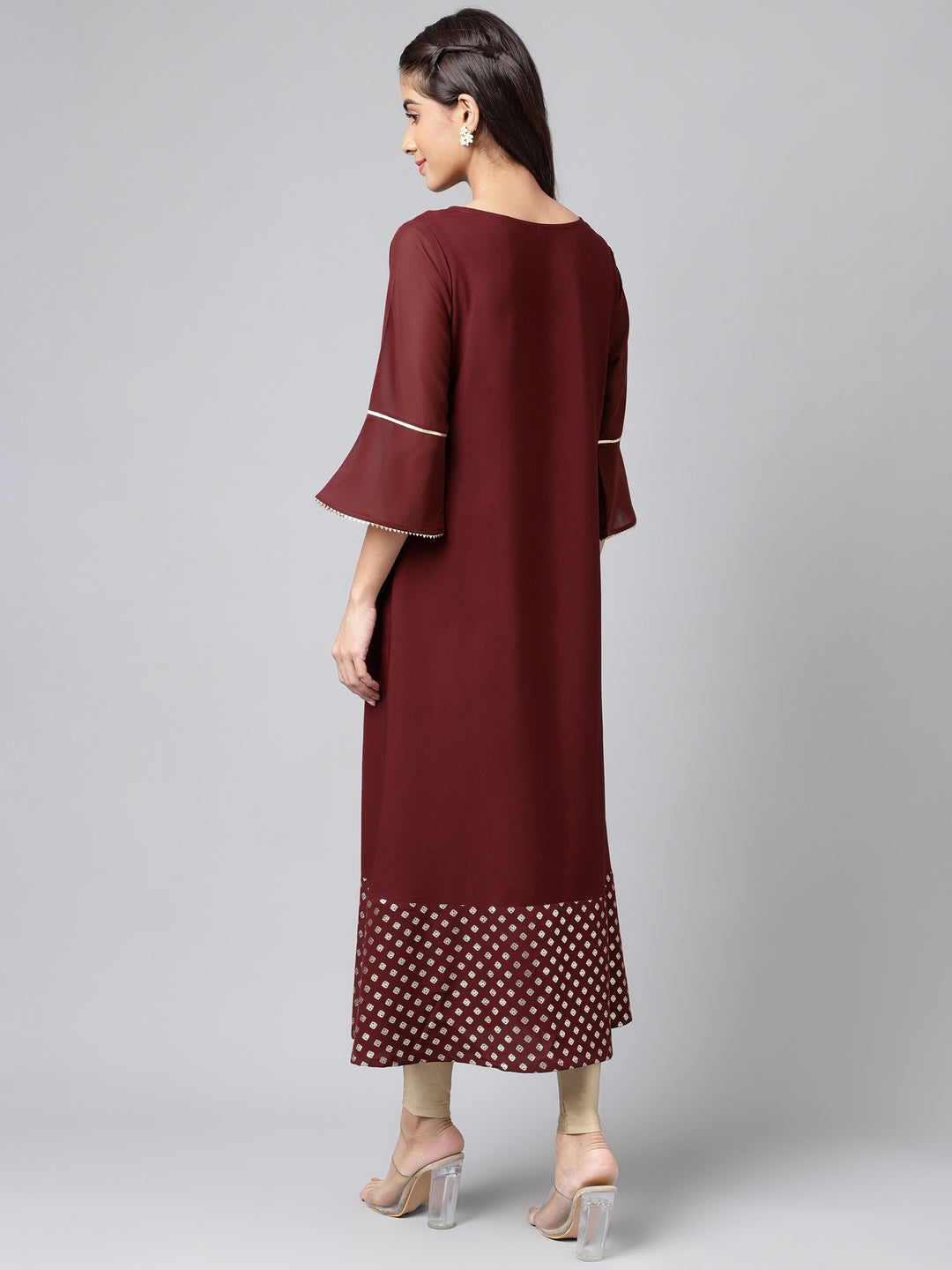 Janasya Women's Wine Crepe Foil Printed Festive A-Line Kurta | Swadesiicart