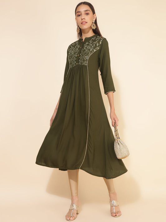 Janasya Olive Rayon Yoke Embroidered Casual Kurta | Swadesiicart