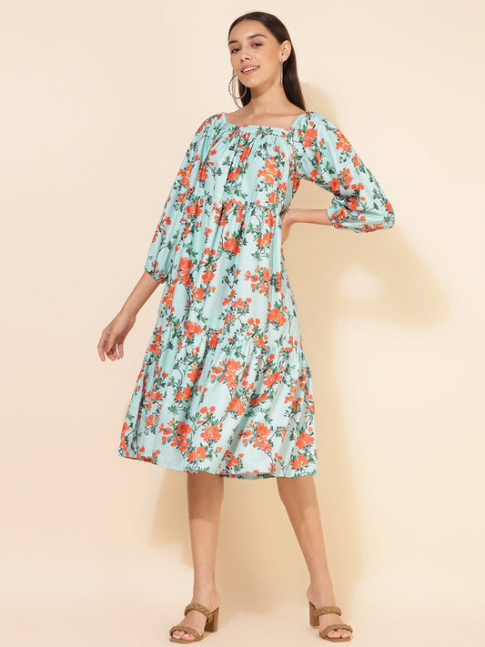Janasya Women's Sea Green Moss Digital Floral Printed Casual Dress | Swadesiicart