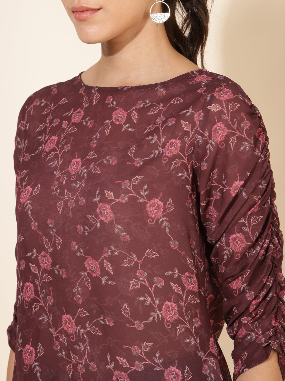 Janasya Women's Brown Georgette Floral Printed Casual Top | Swadesiicart
