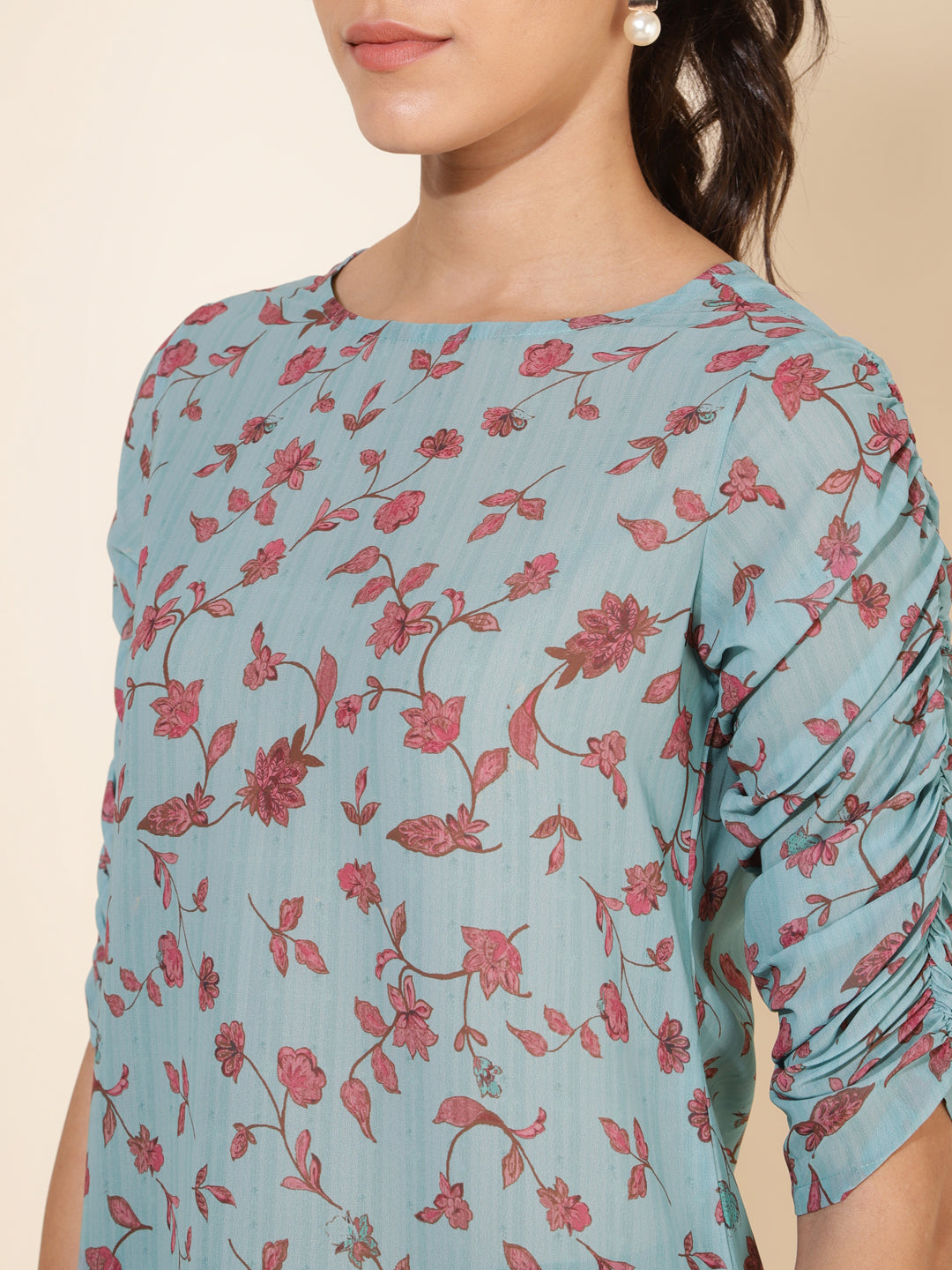 Janasya Women's Mint Green Georgette Floral Printed Casual Top | Swadesiicart
