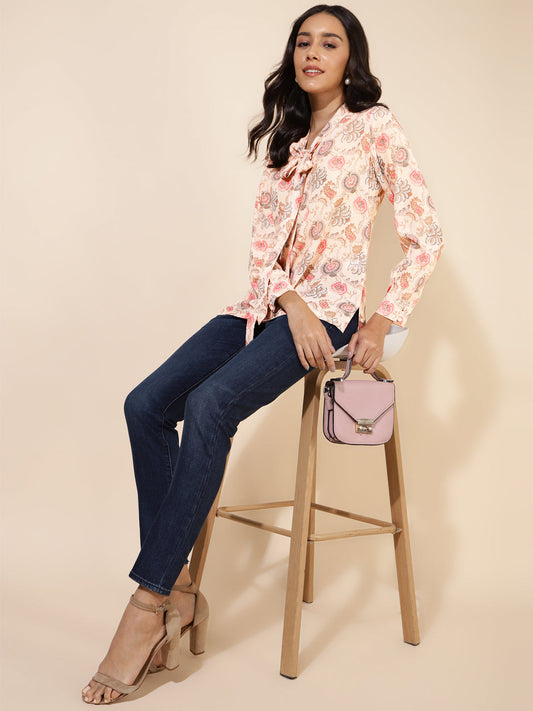 Janasya Women's Peach Georgette Floral Print Casual Top | Swadesiicart