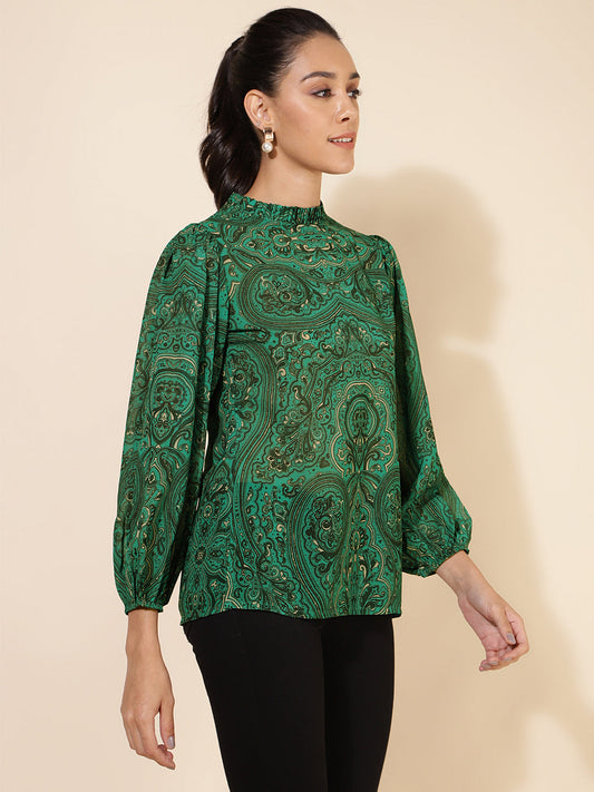 Janasya Women's Green Georgette Digital Printed Casual Top | Swadesiicart