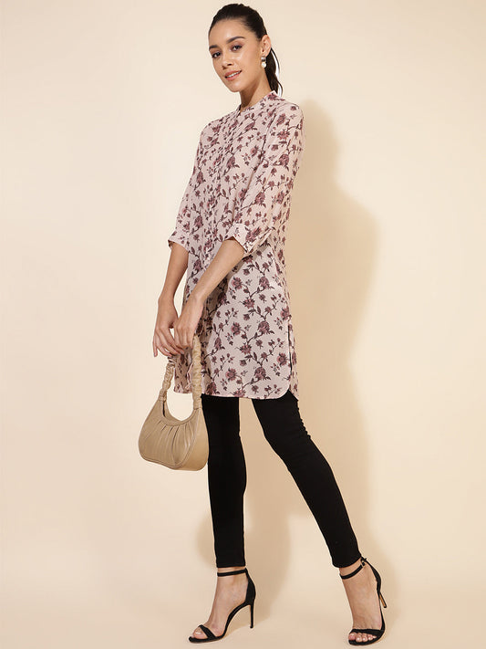Janasya Women's Beige Georgette Floral Printed Casual Tunic | Swadesiicart