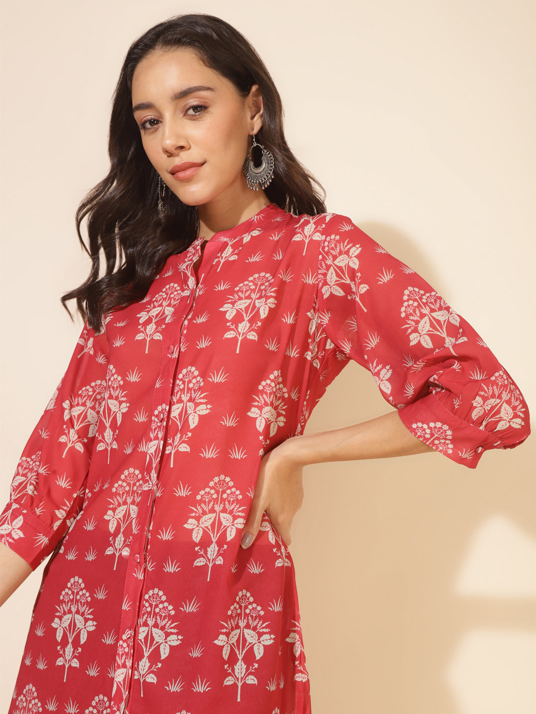 Janasya Women's Red Georgette Floral Printed Casual Tunic | Swadesiicart
