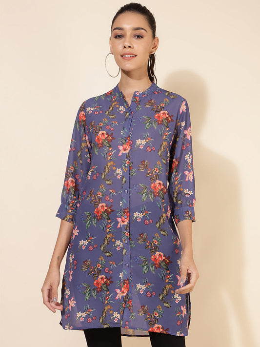 Janasya Women's Violet Georgette Floral Printed Casual Tunic | Swadesiicart