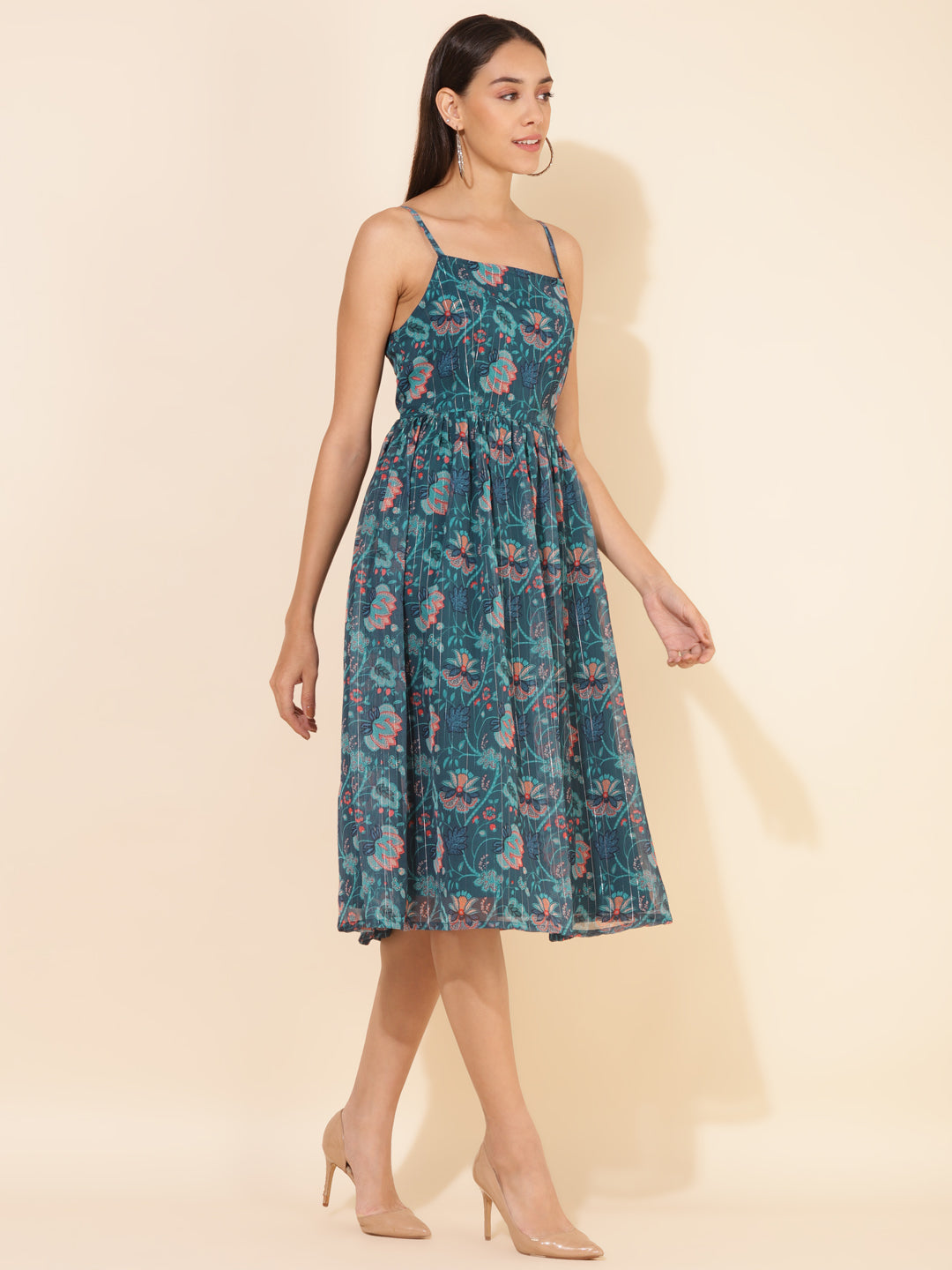 Janasya Women's Blue Chiffon Lurex Digital Floral Printed Casual Dress | Swadesiicart