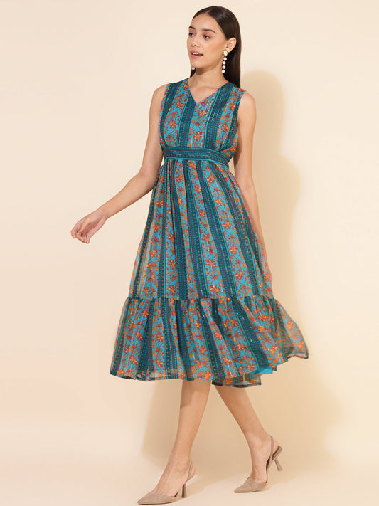 Janasya Women's Blue Chiffon Lurex Floral Printed Casual Dress | Swadesiicart
