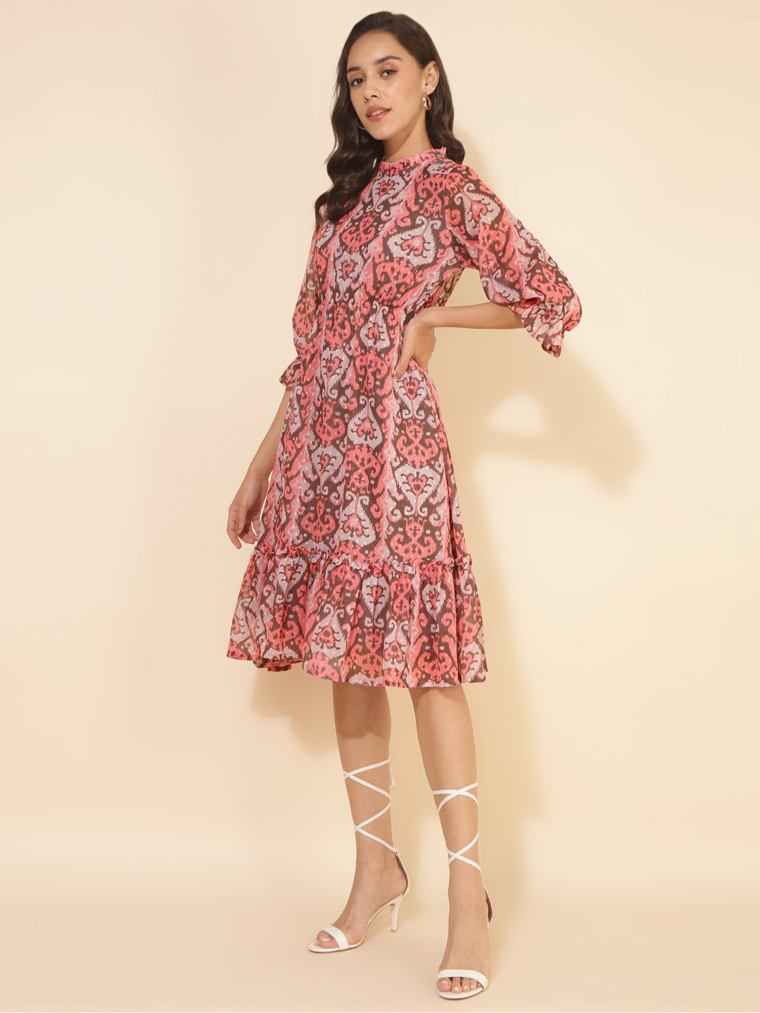 Janasya Women's Peach Dobby Georgette Ikkat Printed Casual Dress | Swadesiicart