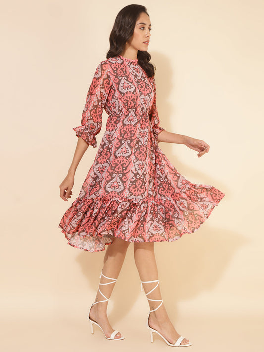 Janasya Women's Peach Dobby Georgette Ikkat Printed Casual Dress | Swadesiicart