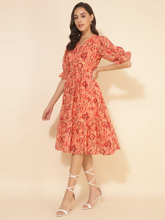 Janasya Women's Mustard Dobby Georgette Ikat Printed Casual Dress | Swadesiicart