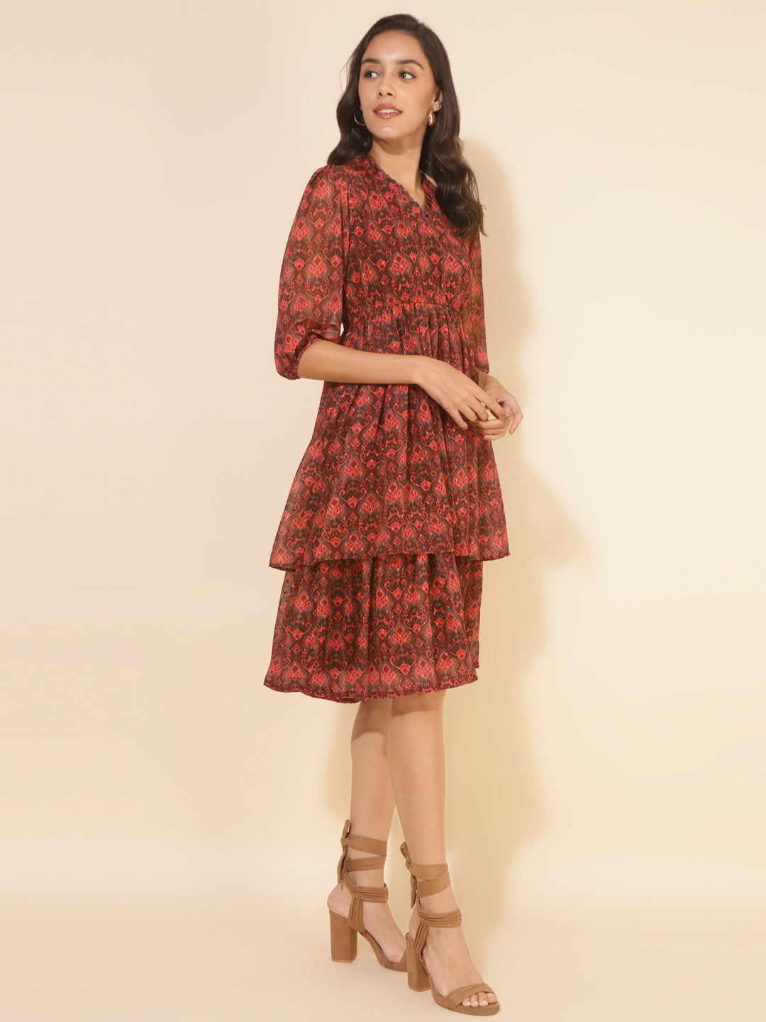 Janasya Women's Brown Dobby Georgette Ikkat Printed Casual Dress | Swadesiicart