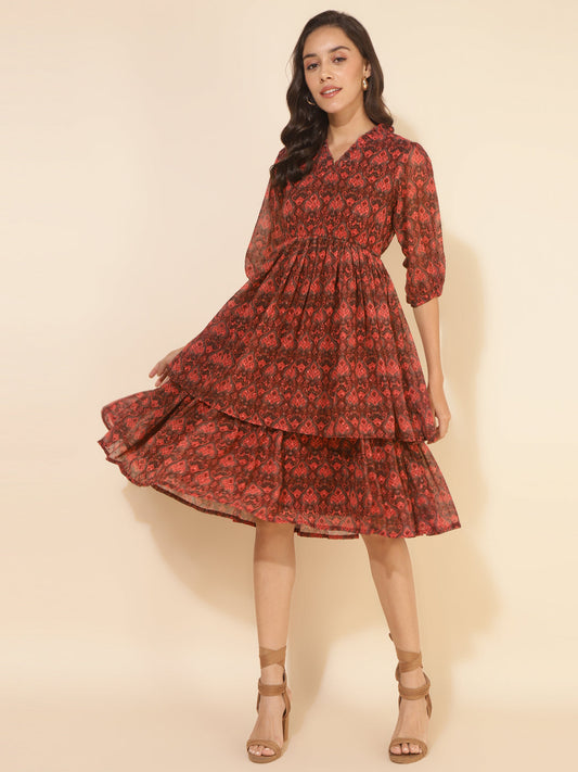 Janasya Women's Brown Dobby Georgette Ikkat Printed Casual Dress | Swadesiicart