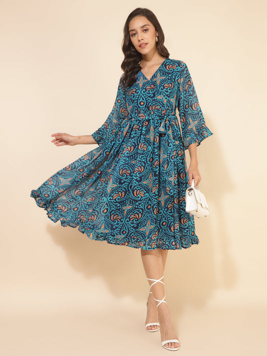 Janasya Women's Blue Dobby Georgette Ikkat Printed Casual Dress | Swadesiicart