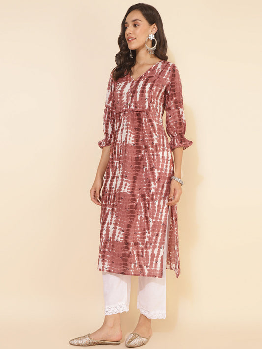 Janasya Light Brown Cotton Tie-dye Printed Casual Kurta | Swadesiicart