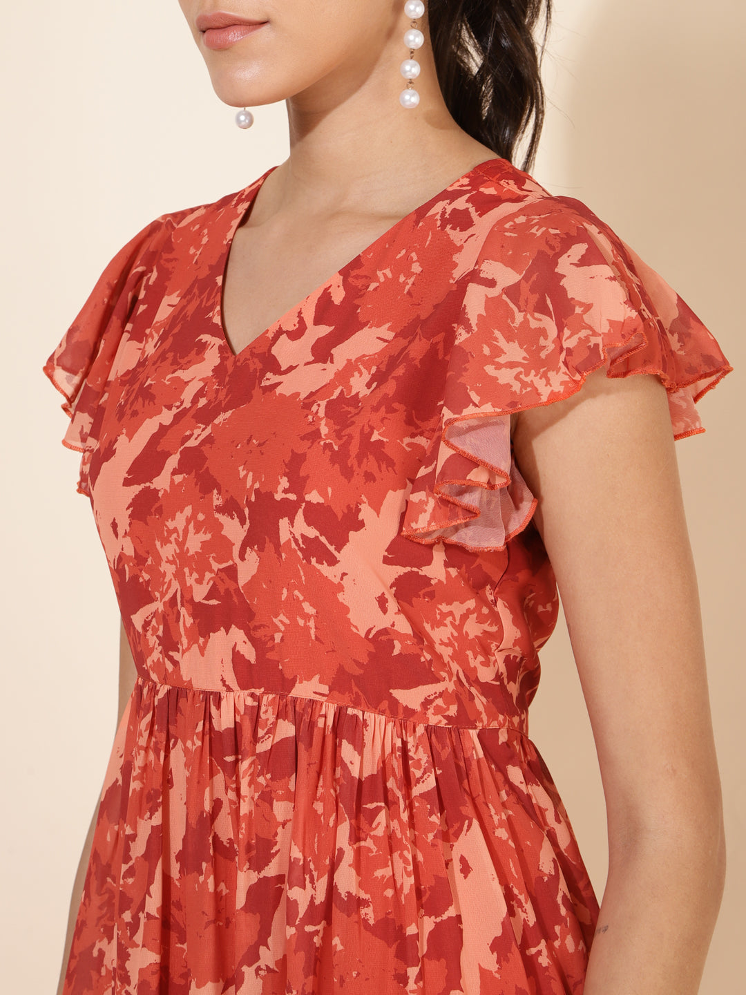 Janasya Rust Georgette Abstract Printed Tiered Casual Dress | Swadesiicart